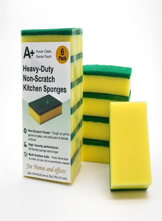 أ بلاس إسفنجة تنظيف المطبخ A Plus، إسفنجة شديدة التحمل وغير قابلة للخدش للأسطح غير اللاصقة والحساسة (عند استخدامها برفق)، عالية الكثافة، تنظيف متعدد الأسطح من الجانبين، عبوة من 6 قطع (أصفر/أخضر) - Image 1